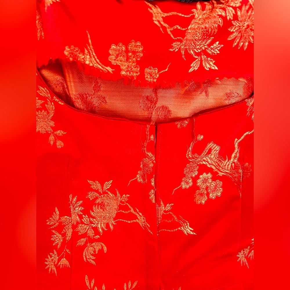 Red & Gold Chinese brocade silky 2-piece pencil dress & cropped jacket size XS - Picture 12 of 16
